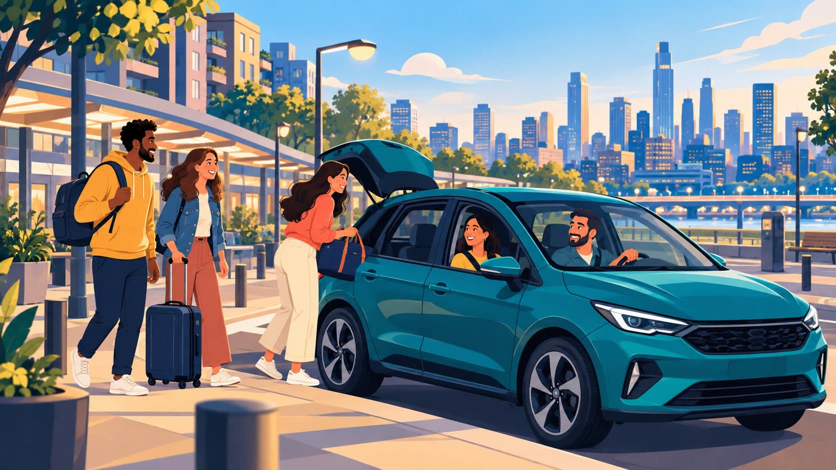 Passengers with a backpack and a suitcase meeting their driver beside a teal car, with the city skyline behind